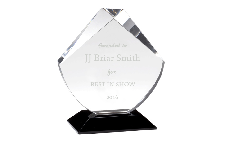 Crystal awards and trophies with etched laser printing